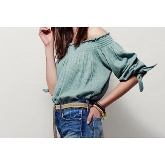 Free People OB506227 Women's Sz S Green Striped Lexington Off The Shoulder Top - Picture 8 of 8